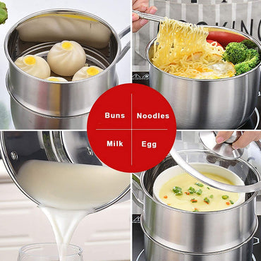 3 Pcs Stainless Steel 2QT 2-Tier Pasta Steamer Saucepan Set With Handle And Tempered Glass Lid